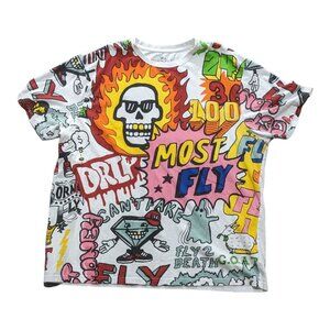 Born Fly T-Shirt Mens 3XL White All Over Print Graffiti Short Sleeve Crew Neck